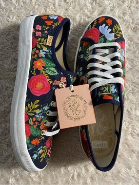 NEW Rifle Paper Co x Keds Kick Start Wild Rose Canvas Sneakers Navy Floral 7.5